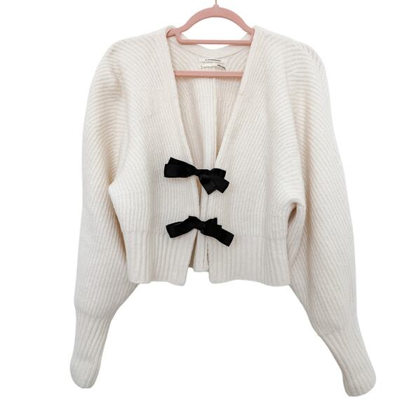 Anthropologie Rhea Bow-Front Crop Wool Blend Cardigan Sweater Ivory Size Medium - Picture 3 of 8